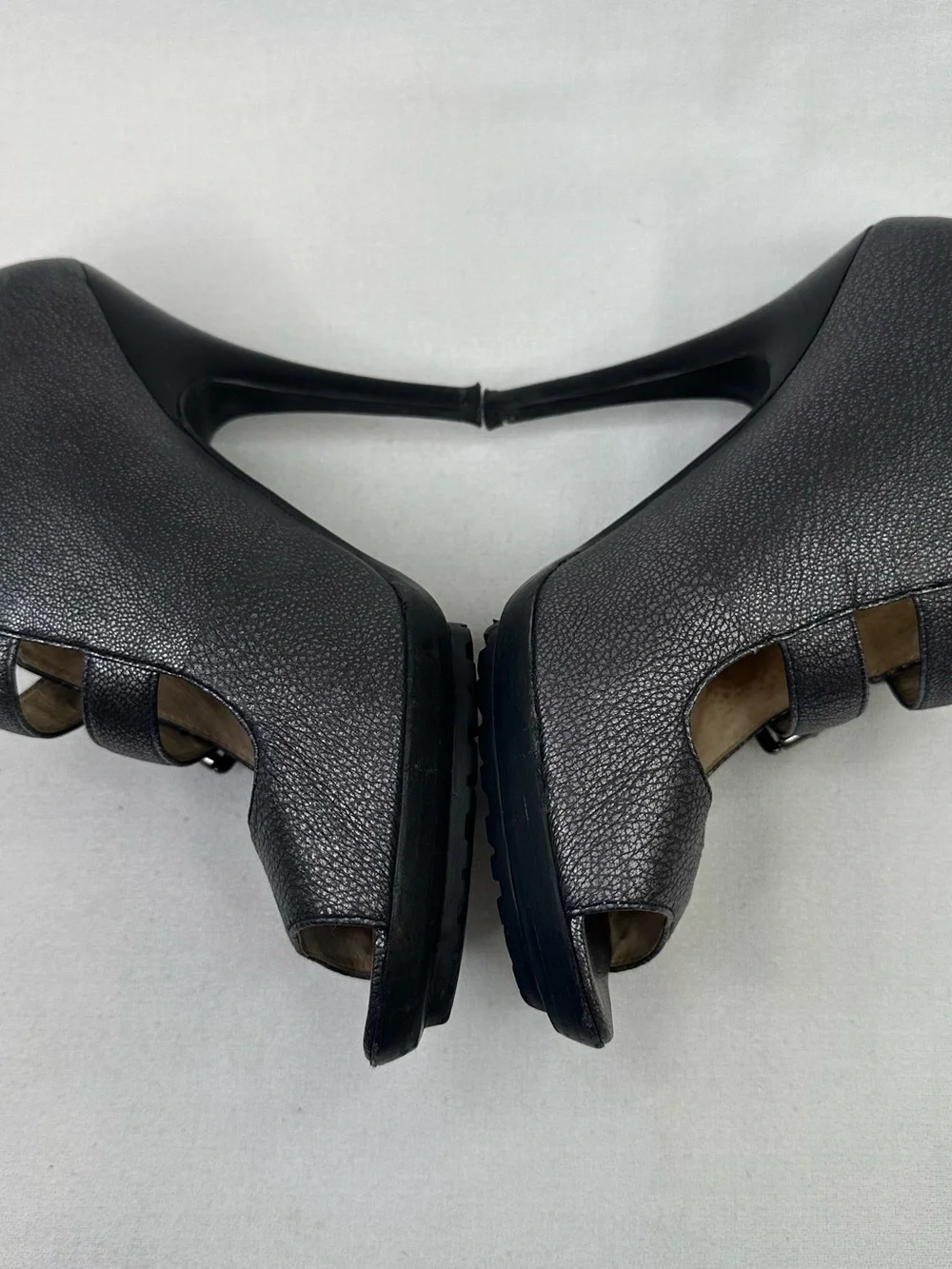 Michael Kors Peep Toe Double Buckle Heels Pewter Metallic Leather 7